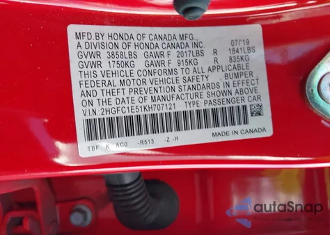 2019 Honda Civic Si z USA, uszkodzony, nr VIN 2HGFC1E51KH707121